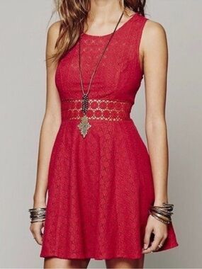 Free People Red Lace Fit & Flare Dress Crochet Waist Sleeveless Women’s Size 4